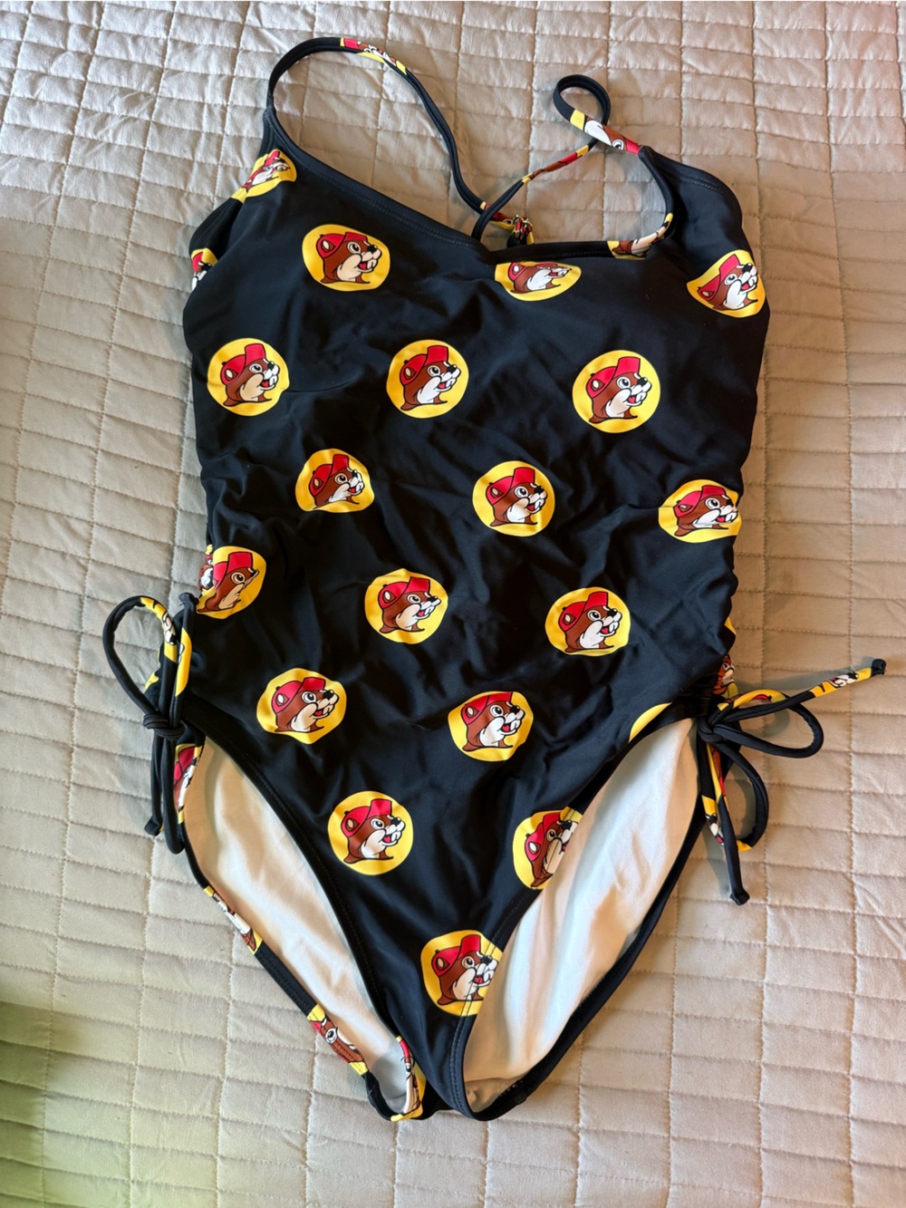 Black One-Piece Swimsuit with Yellow & Red Logo Print